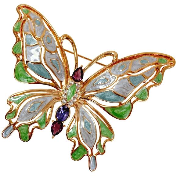 Signed Bob Mackie Enamel Butterfly Brooch Colorful Glass Rhinestones Vintage